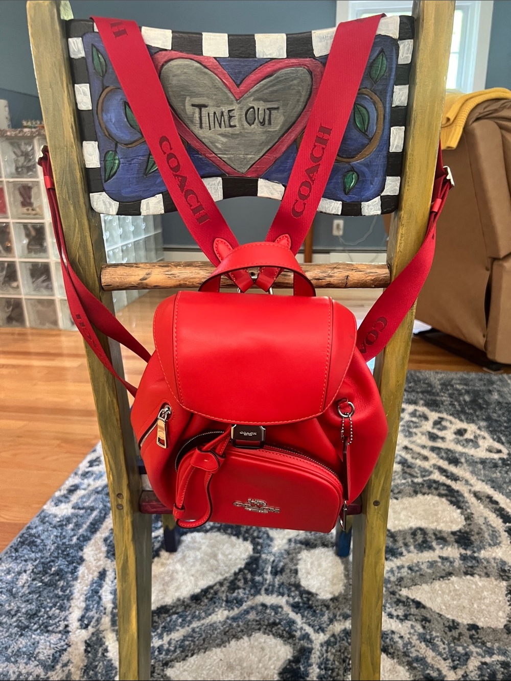Coach Bright Red Leather Mini Backpack with Logo Strap